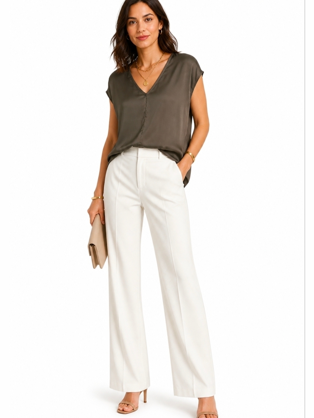 White House Black Market Olive Green V-Neck Blouse